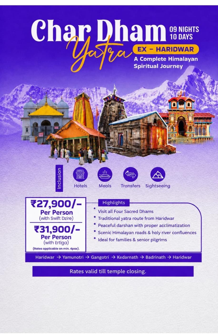 Chardham Yatra from Haridwar 2026 - Yamunotri, Gangotri, Kedarnath and Badrinath