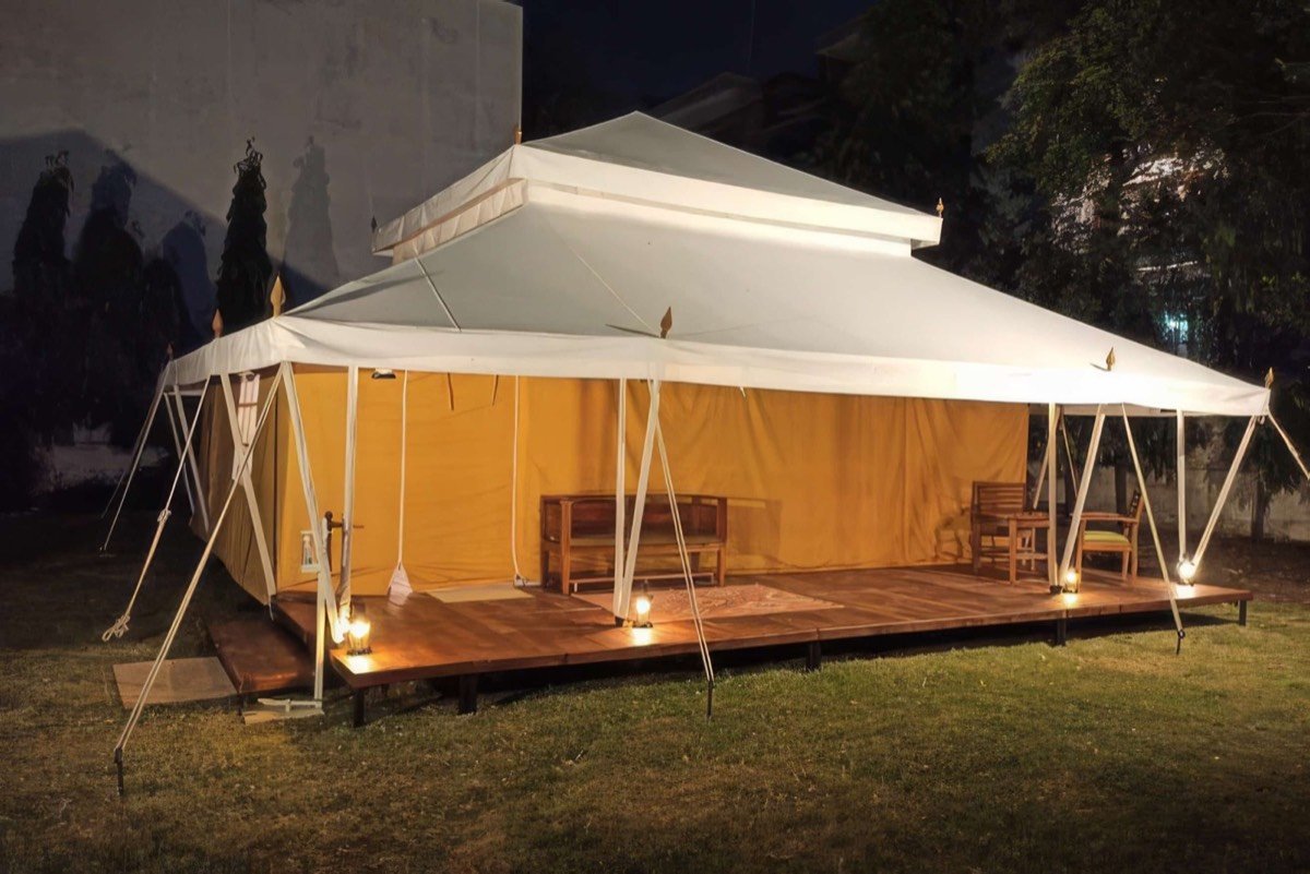 Premium camp, lit up at night